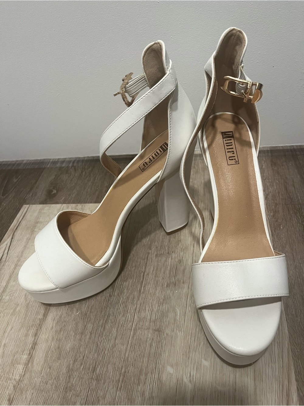 IDIFU White Platform Block Heel Sandals with Ankle Strap